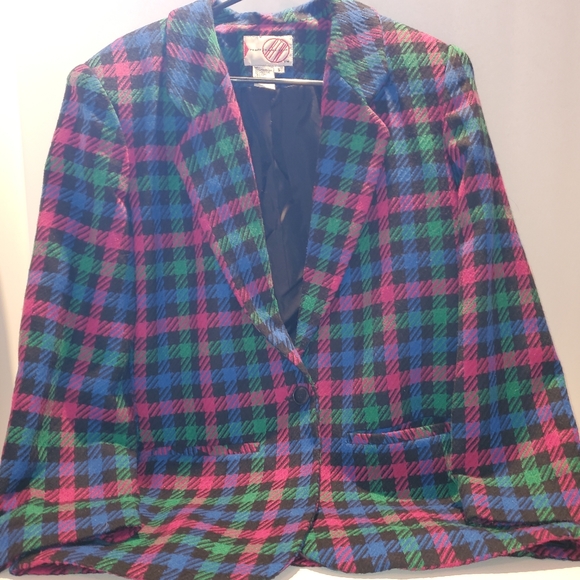 RTW Bright Multicolor Plaid Blazer Sz Sm Jacket Retro Wool Acrylic Polyester - Picture 7 of 14